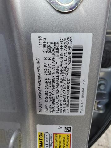 1HGCV1F5XKA010217 - 2019 HONDA ACCORD EXL SILVER photo 12