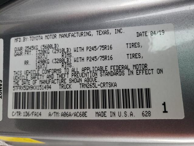 5TFRX5GN9KX151494 - 2019 TOYOTA TACOMA ACCESS CAB ვერცხლისფერი ფოტო 12