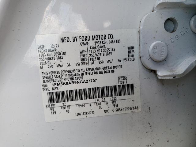 1FM5K8AB9NGA27707 - 2022 FORD EXPLORER POLICE INTERCEPTOR 白色 照片 14