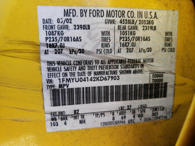 1FMYU04142KD67903 - 2002 FORD ESCAPE XLT YELLOW photo 13