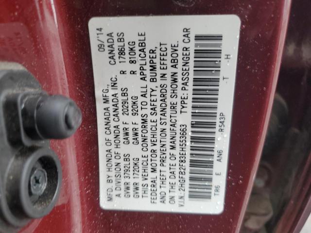 2HGFB2F83EH553663 - 2014 HONDA CIVIC EX BURGUNDY photo 12