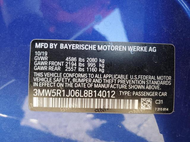 3MW5R1J06L8B14012 - 2020 BMW 330I BLUE photo 12