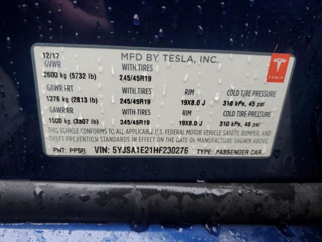 5YJSA1E21HF230276 - 2017 TESLA MODEL S BLUE photo 12