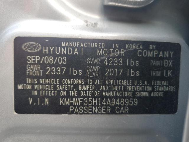 KMHWF35H14A948959 - 2004 HYUNDAI SONATA GLS SILVER photo 12