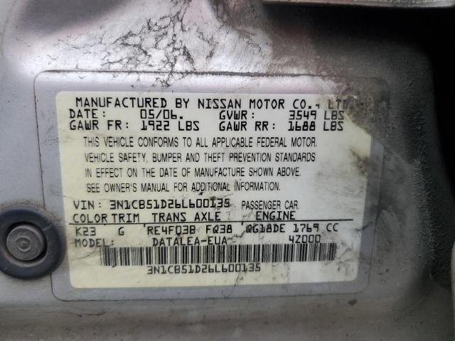 3N1CB51D26L600135 - 2006 NISSAN SENTRA 1.8 SILVER photo 12