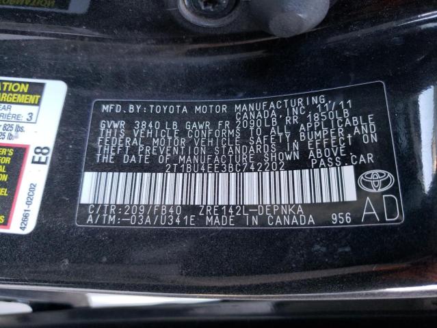 2T1BU4EE3BC742202 - 2011 TOYOTA COROLLA BASE 黑色 照片 12