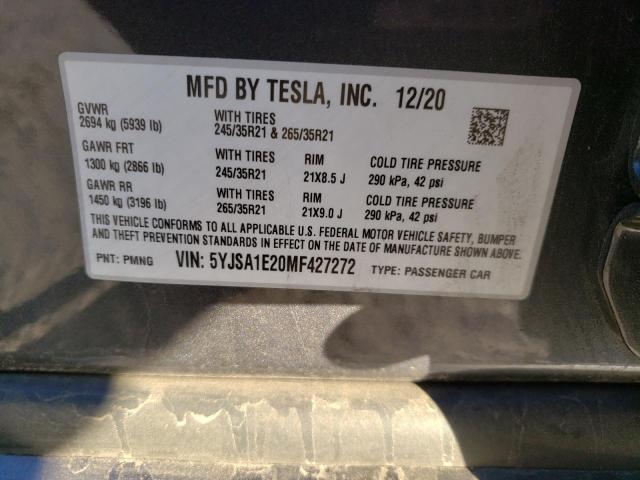 5YJSA1E20MF427272 - 2021 TESLA MODEL S CHARCOAL photo 13