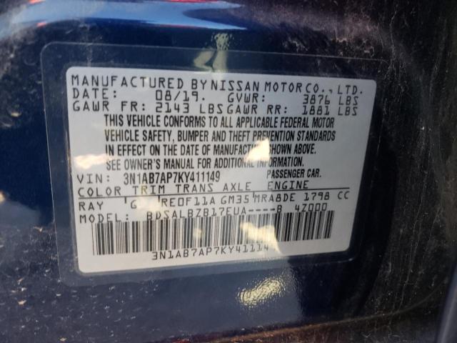 3N1AB7AP7KY411149 - 2019 NISSAN SENTRA S BLUE photo 13