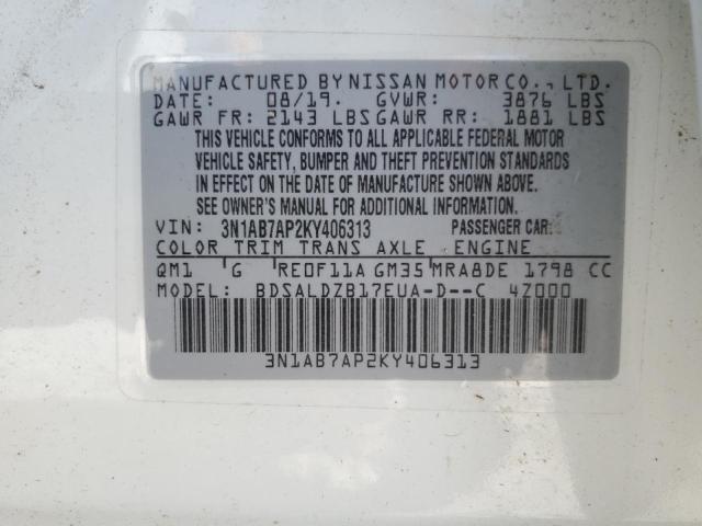 3N1AB7AP2KY406313 - 2019 NISSAN SENTRA S WHITE photo 12