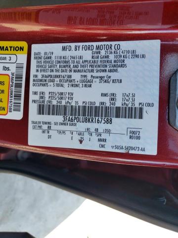 3FA6P0LU8KR167588 - 2019 FORD FUSION SE Қызыл фото 12