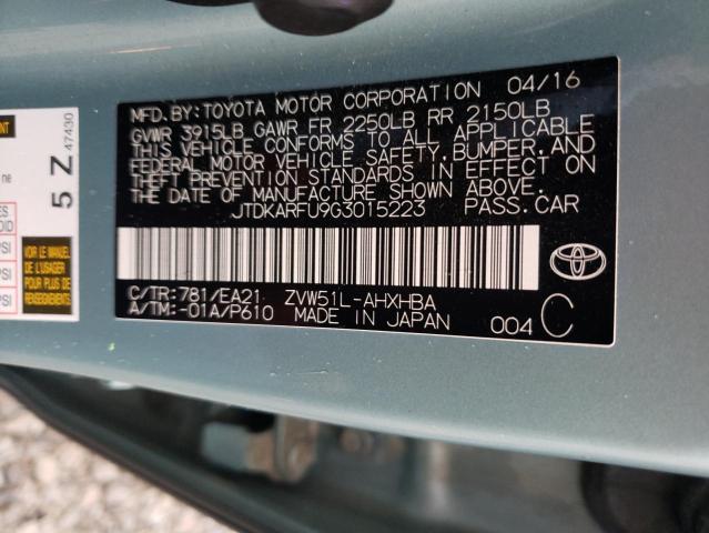 JTDKARFU9G3015223 - 2016 TOYOTA PRIUS TEAL photo 13