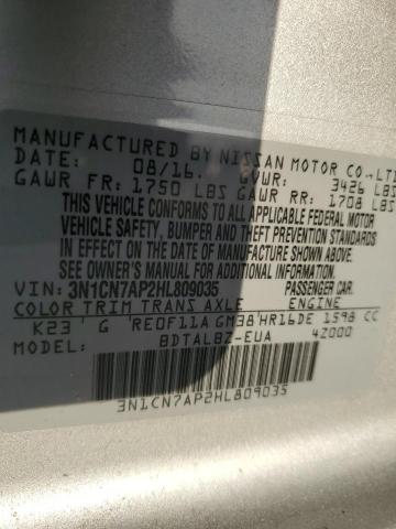 3N1CN7AP2HL809035 - 2017 NISSAN VERSA S SILVER photo 12