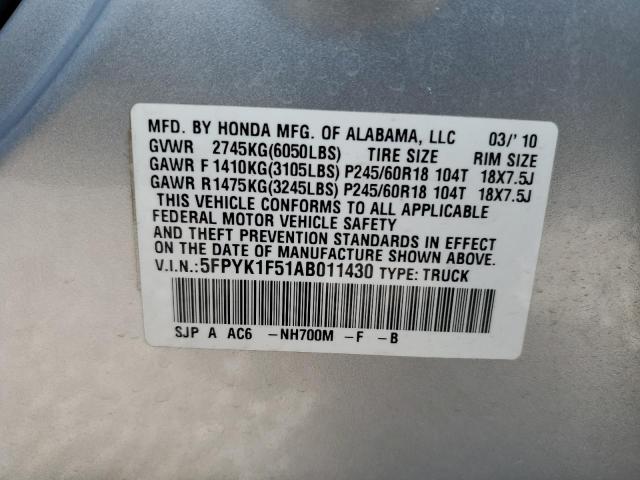 5FPYK1F51AB011430 - 2010 HONDA RIDGELINE RTL SILVER photo 12