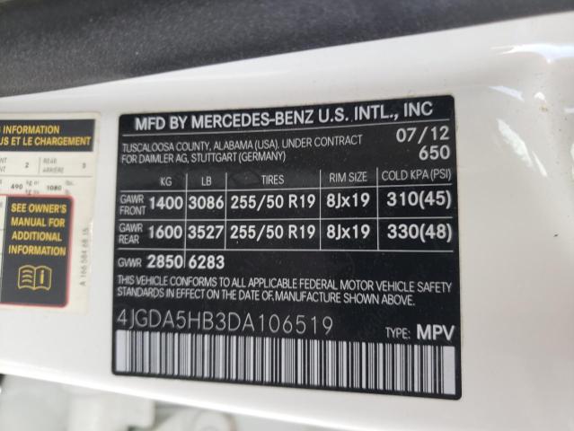 4JGDA5HB3DA106519 - 2013 MERCEDES-BENZ ML 350 4MATIC WHITE photo 13