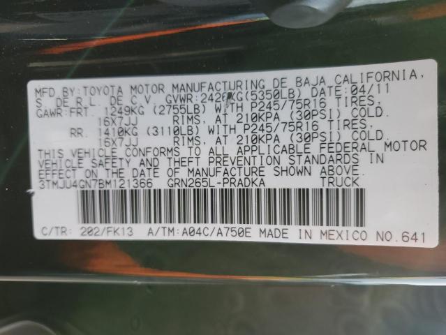 3TMJU4GN7BM121366 - 2011 TOYOTA TACOMA DOUBLE CAB PRERUNNER BLACK photo 12