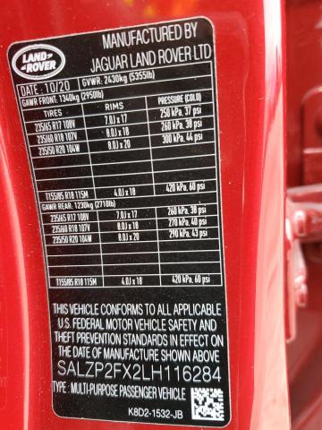 SALZP2FX2LH116284 - 2020 LAND ROVER RANGE ROVE SE RED photo 13