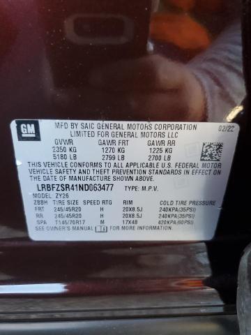 LRBFZSR41ND063477 - 2022 BUICK ENVISION AVENIR MAROON photo 12