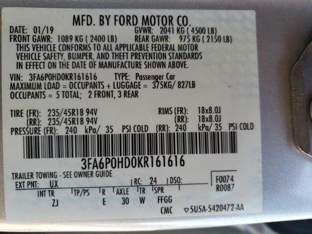 3FA6P0HD0KR161616 - 2019 FORD FUSION SE WHITE photo 12