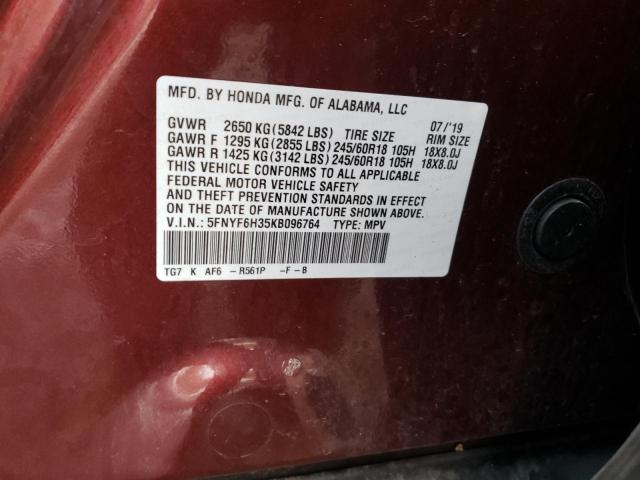 5FNYF6H35KB096764 - 2019 HONDA PILOT EX MAROON photo 13