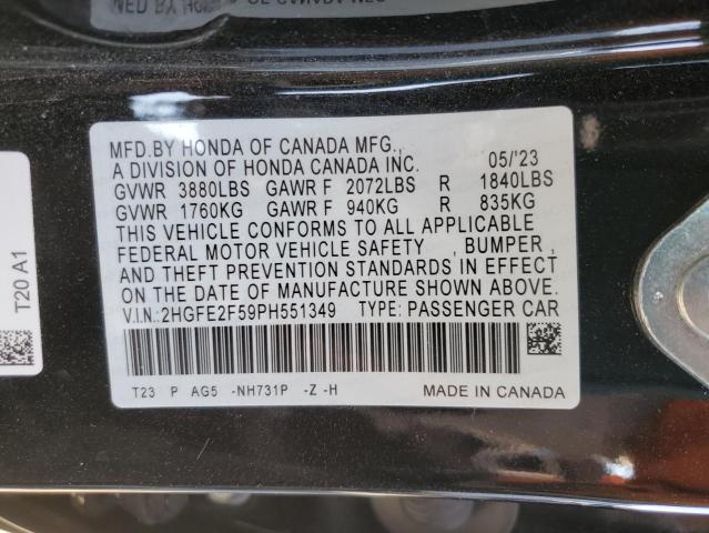 2HGFE2F59PH551349 - 2023 HONDA CIVIC SPORT შავი ფოტო 12