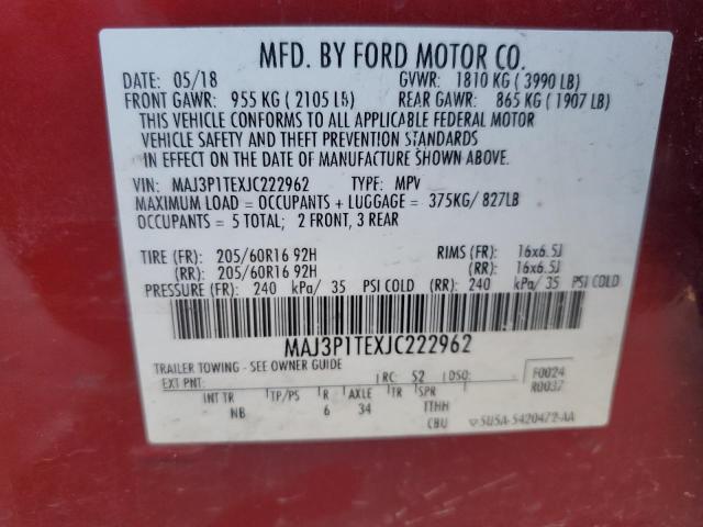 MAJ3P1TEXJC222962 - 2018 FORD ECOSPORT SE RED photo 12