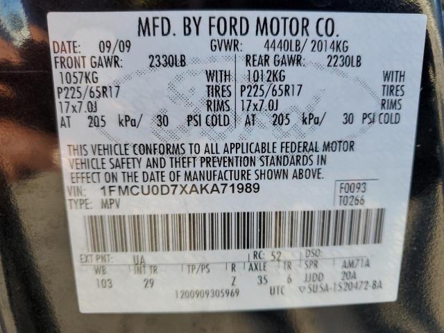 1FMCU0D7XAKA71989 - 2010 FORD ESCAPE XLT BLACK photo 12