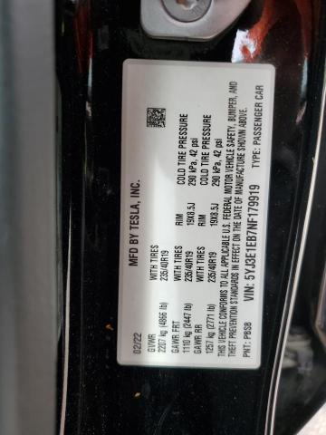 5YJ3E1EB7NF179919 - 2022 TESLA MODEL 3 BLACK photo 12