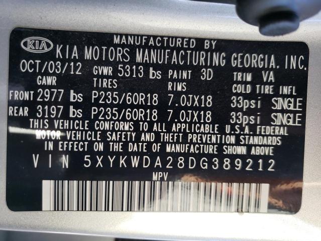 5XYKWDA28DG389212 - 2013 KIA SORENTO SX SILVER photo 13