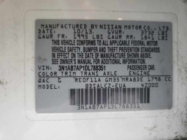 3N1AB7AP1DL788351 - 2013 NISSAN SENTRA S WHITE photo 12