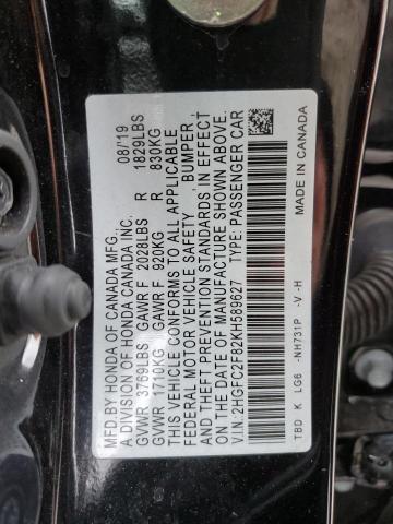 2HGFC2F82KH589627 - 2019 HONDA CIVIC SPORT 黑色 照片 12