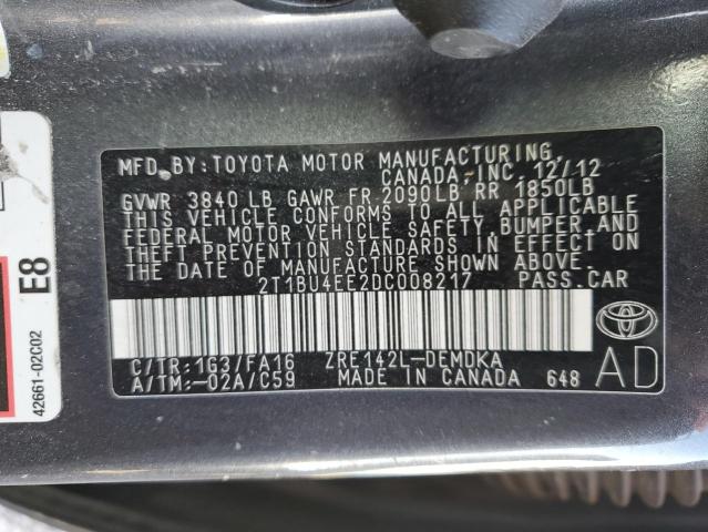 2T1BU4EE2DC008217 - 2013 TOYOTA COROLLA BASE BLACK photo 12