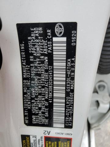 4T1BK3DB3CU454512 - 2012 TOYOTA AVALON BASE 白色 照片 12