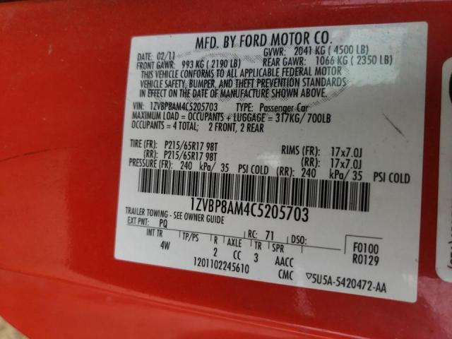 1ZVBP8AM4C5205703 - 2012 FORD MUSTANG RED photo 10
