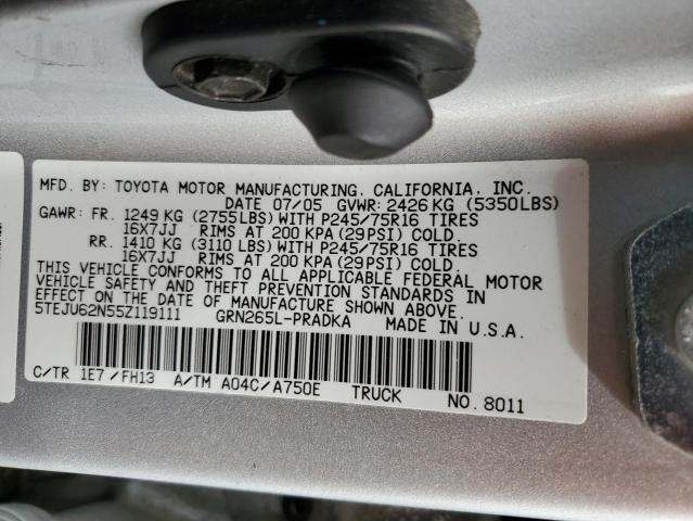 5TEJU62N55Z119111 - 2005 TOYOTA TACOMA DOUBLE CAB PRERUNNER SILVER photo 12