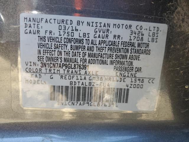 3N1CN7AP9GL876391 - 2016 NISSAN VERSA S GRAY photo 12