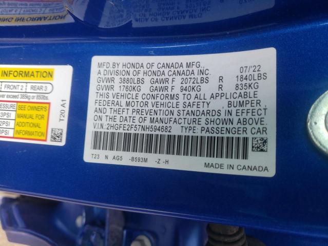 2HGFE2F57NH594682 - 2022 HONDA CIVIC SPORT 蓝色 照片 12