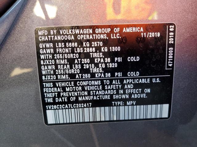 1V26C2CA7LC202417 - 2020 VOLKSWAGEN ATLAS CROS SE ნაცრისფერი ფოტო 12