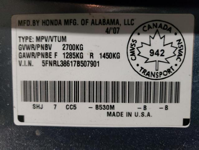 5FNRL38617B507901 - 2007 HONDA ODYSSEY EXL BLUE photo 14