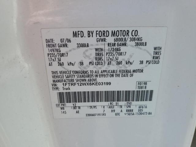 1FTRF12WX6KE03199 - 2006 FORD F150 WHITE photo 12