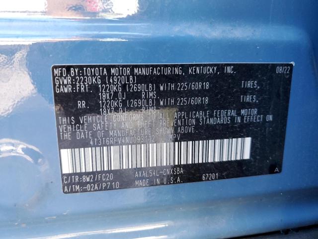 4T3T6RFV4NU093112 - 2022 TOYOTA RAV4 SE BLUE photo 12