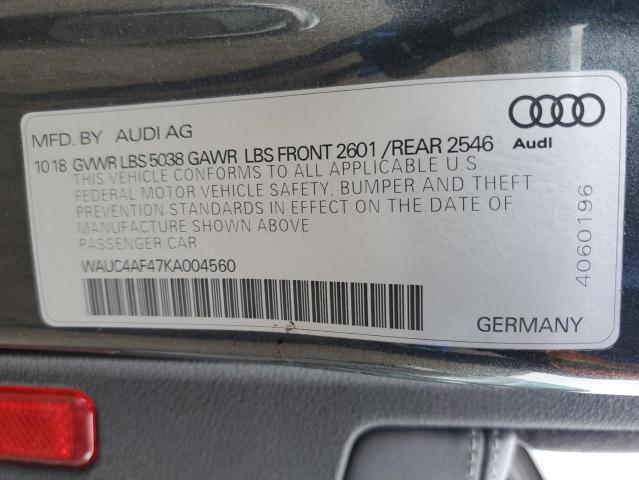 WAUC4AF47KA004560 - 2019 AUDI S4 PRESTIGE GRAY photo 12