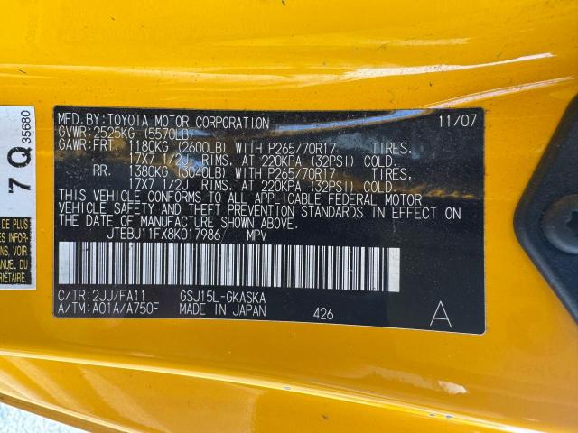 JTEBU11FX8K017986 - 2008 TOYOTA FJ CRUISER YELLOW photo 10