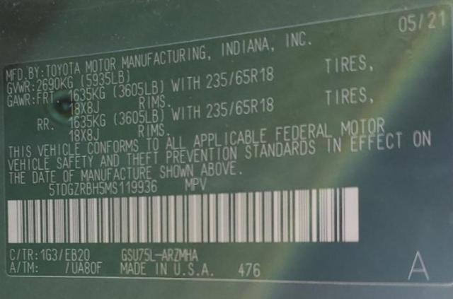 5TDGZRBH5MS119936 - 2021 TOYOTA HIGHLANDER XLE GRAY photo 13