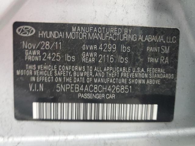 5NPEB4AC8CH426851 - 2012 HYUNDAI SONATA GLS SILVER photo 12