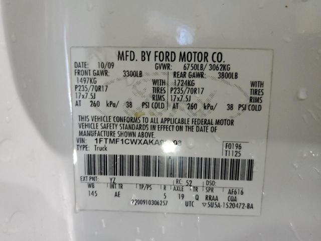 1FTMF1CWXAKA98403 - 2010 FORD F150 WHITE photo 12