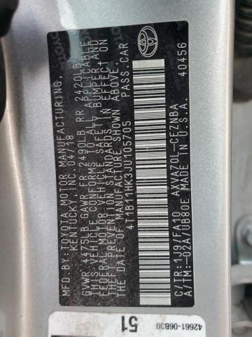 4T1B11HK3JU105705 - 2018 TOYOTA CAMRY L SILVER photo 12