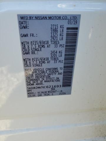 5N1DR2MN7KC621693 - 2019 NISSAN PATHFINDER S WHITE photo 12