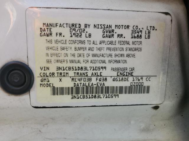 3N1CB51D83L710599 - 2003 NISSAN SENTRA XE WHITE photo 12