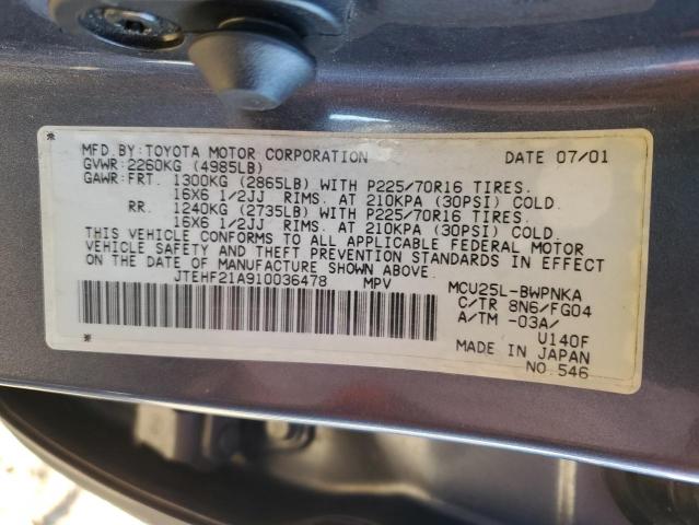 JTEHF21A910036478 - 2001 TOYOTA HIGHLANDER BLUE photo 13