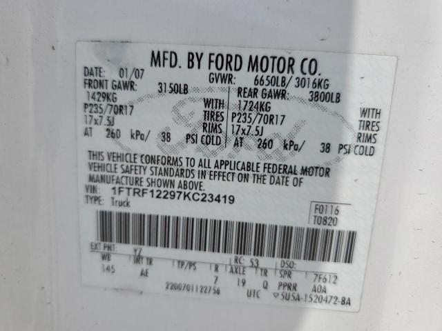 1FTRF12297KC23419 - 2007 FORD F150 白色 照片 12